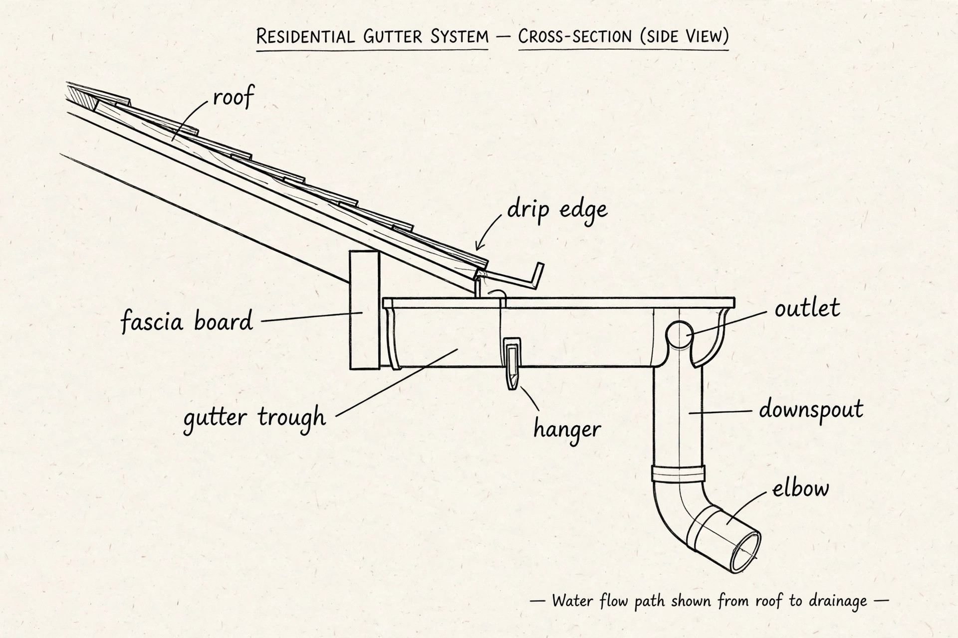 Hand-sketched cross-section diagram of a residential gutter system at the roof edge, labeling the roof, drip edge, fascia board, gutter trough, hanger, outlet, downspout, and elbow