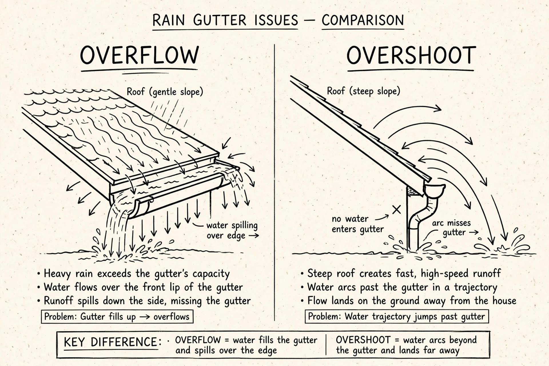 Hand-sketched comparison diagram showing gutter overflow, water spilling over the front edge, versus overshoot, water arcing past the gutter from a steep roof and landing away from the house