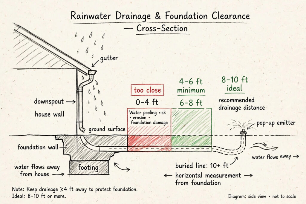 Hand-sketched cross-section diagram showing a house foundation wall and footing, a downspout, and marked discharge distance zones: 0 to 4 feet too close, 4 to 6 feet minimum, 8 to 10 feet ideal, and a buried line running 10 plus feet to a pop-up emitter