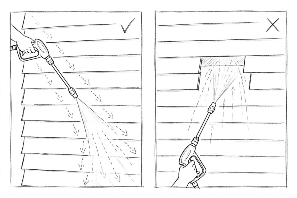 Hand-sketched diagram showing correct and wrong pressure washer spray angles on vinyl siding