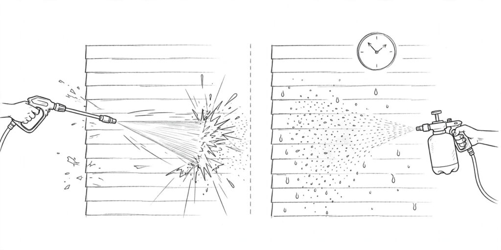 Hand-sketched diagram comparing pressure washing with force versus soft washing with chemistry and dwell time