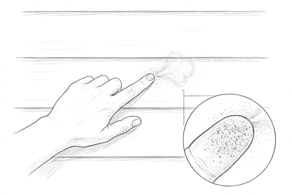 Hand-sketched diagram of the finger-wipe test for chalky vinyl siding