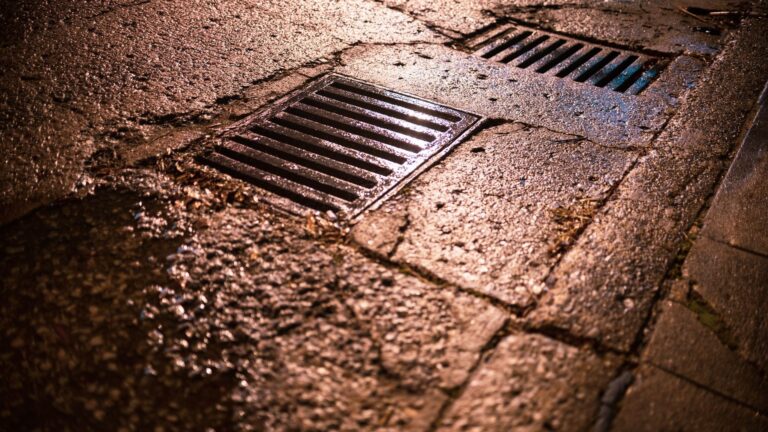 Wet asphalt driveway with metal drainage grates after rain.