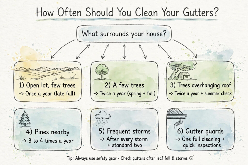 Hand-sketched chart showing gutter cleaning frequency by trees, storms, and gutter guards.