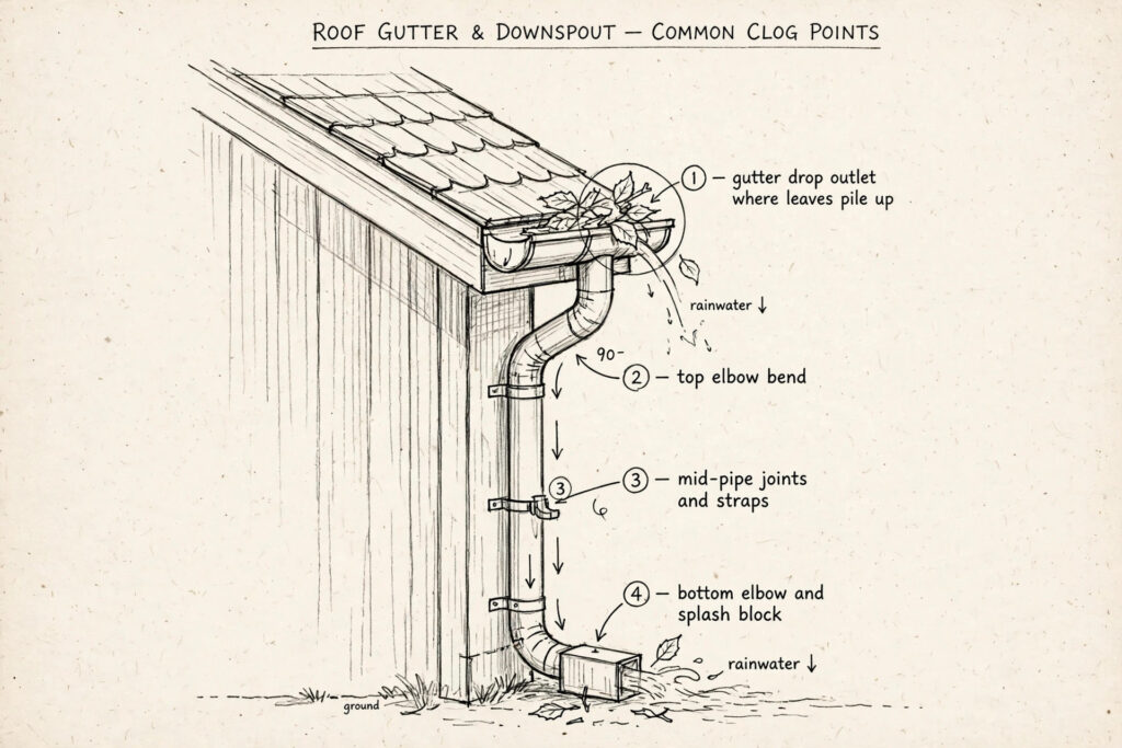 Hand-sketched diagram of a house downspout showing the four most common clog points: the gutter drop outlet, the top elbow, mid-pipe joints, and the bottom elbow