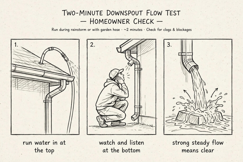 Hand-sketched three-panel guide to the two-minute downspout flow test: run water in at the top, watch and listen at the bottom, strong steady flow means clear