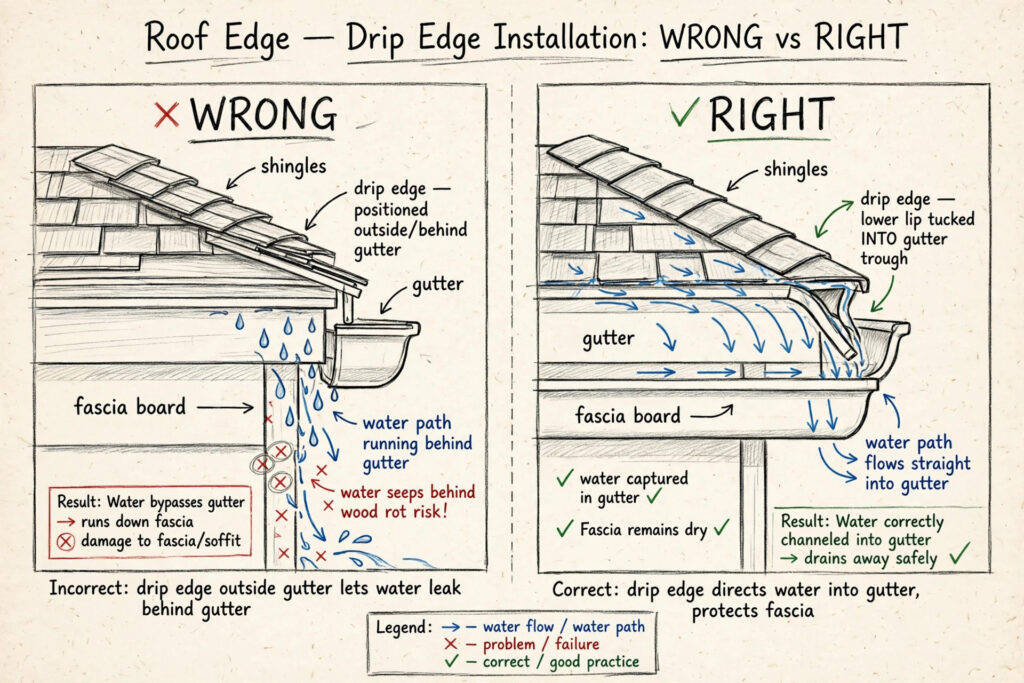 Hand-drawn diagram comparing wrong and right drip edge installation at a roof edge