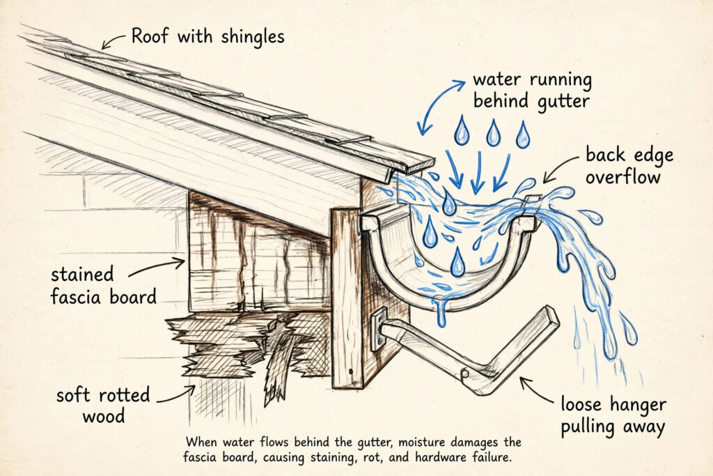 Hand-drawn diagram showing water running behind a gutter damaging the fascia board