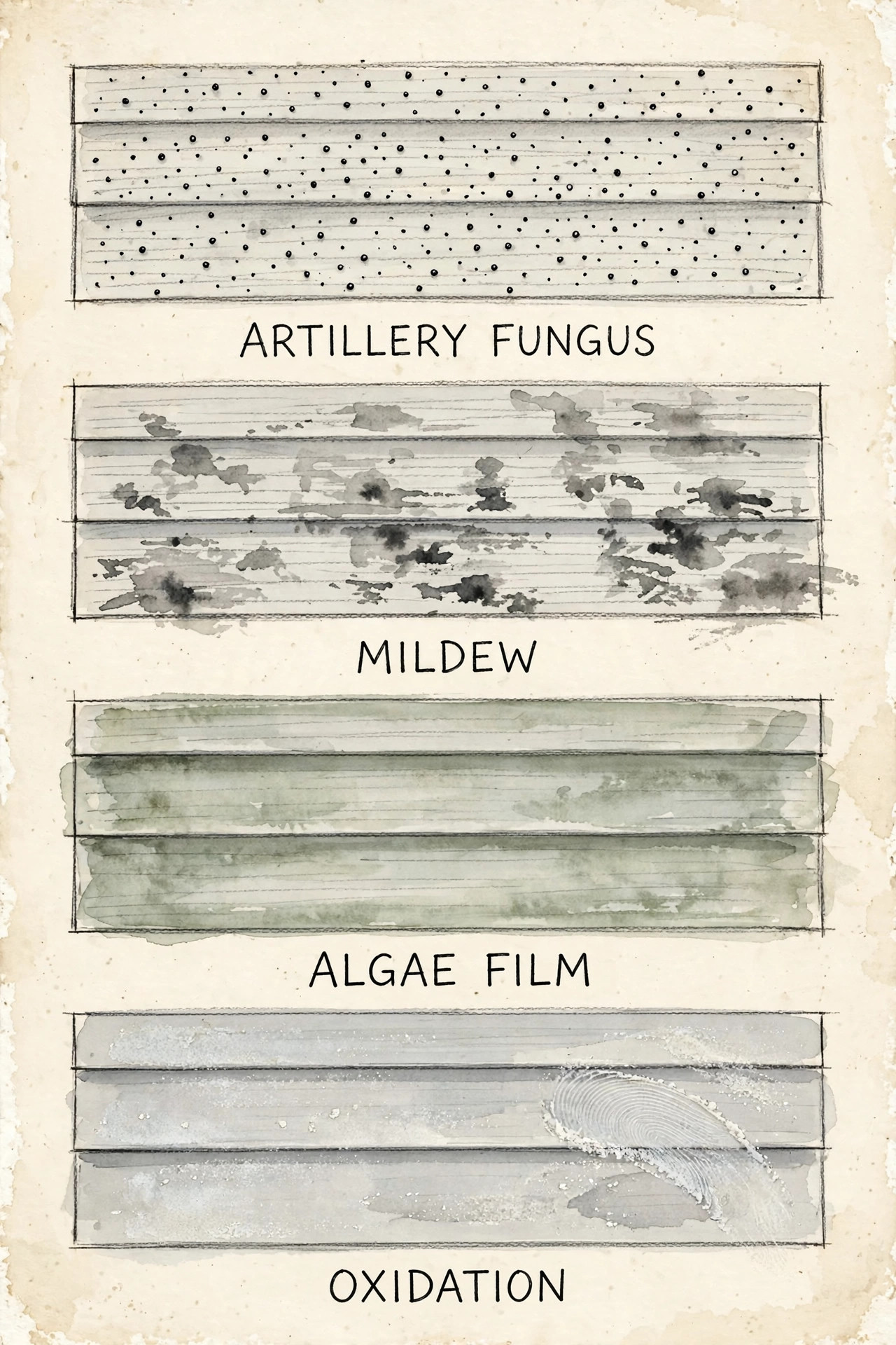 Hand-sketched comparison of black spot types on vinyl siding: artillery fungus dots, mildew patches, algae film, and oxidation chalk