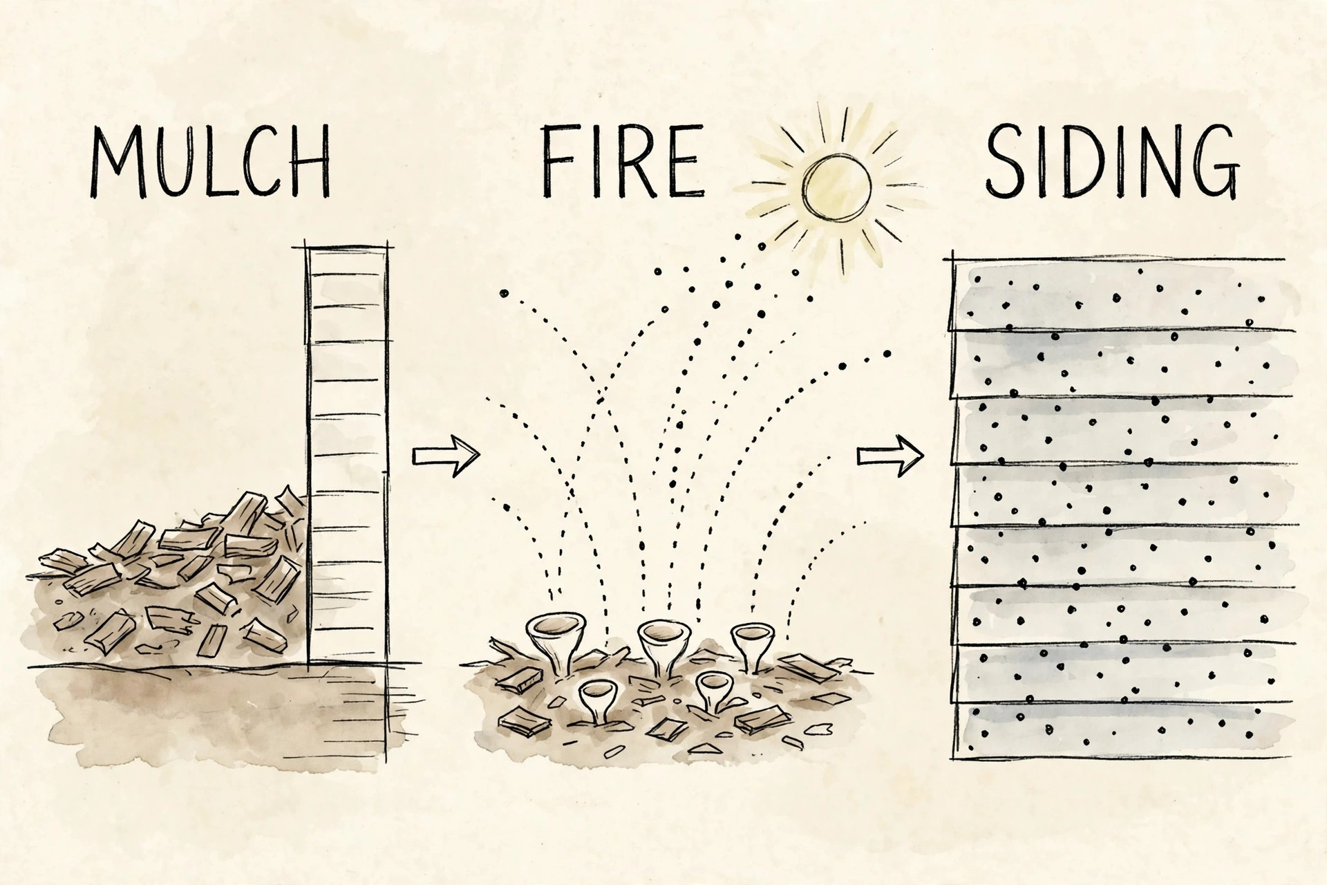 Hand-sketched diagram showing artillery fungus firing spore packets from a mulch bed toward the sun and onto house siding