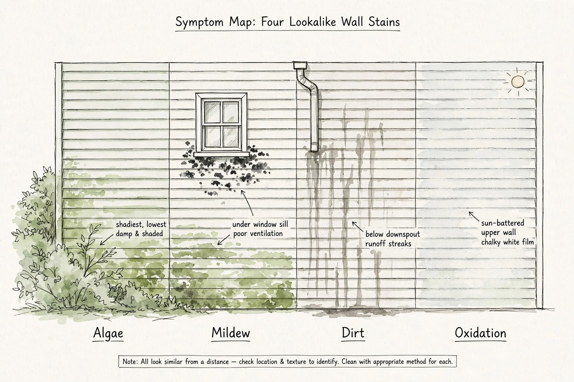 Hand-sketched symptom map showing four lookalike wall stains on vinyl siding: green algae film on the shadiest low wall, gray-black mildew patches under a window sill, brown dirt streaks below a downspout, and chalky white oxidation film on a sun-battered upper wall