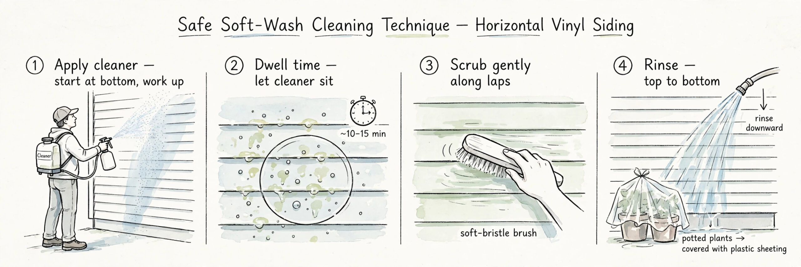 Hand-sketched four-panel diagram of the safe soft-wash technique: applying cleaner from the bottom up with a pump sprayer, letting it dwell about 10 to 15 minutes, scrubbing gently along the siding laps with a soft-bristle brush, and rinsing from the top down with plants covered
