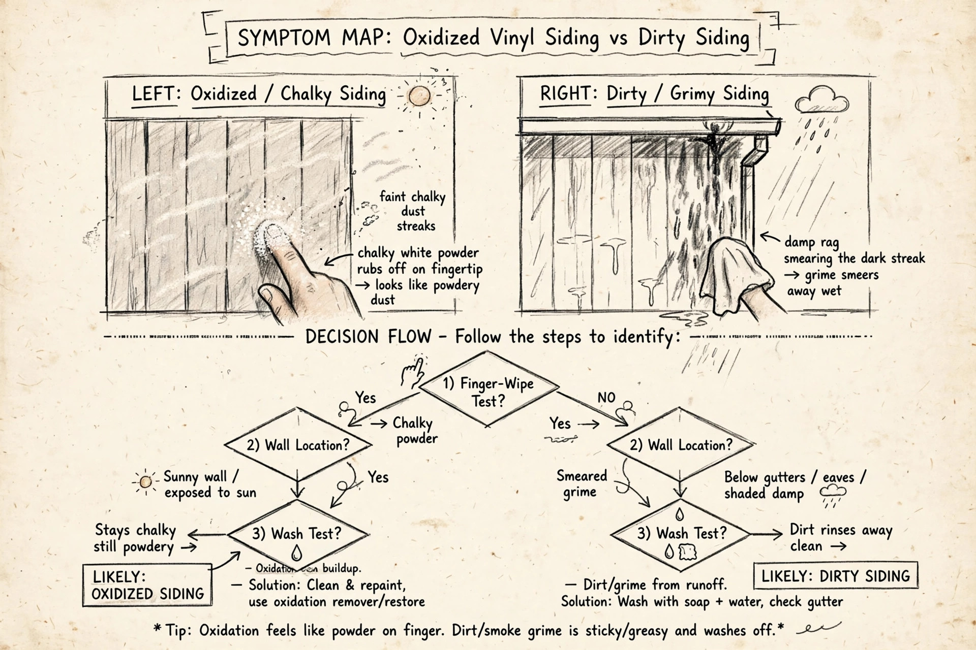 Hand-sketched symptom map comparing oxidized siding and dirty siding: chalky powder rubbing off a fingertip on a sun-battered wall versus dark grime streaks smearing under a damp rag below a gutter, with a three-step decision flowchart.