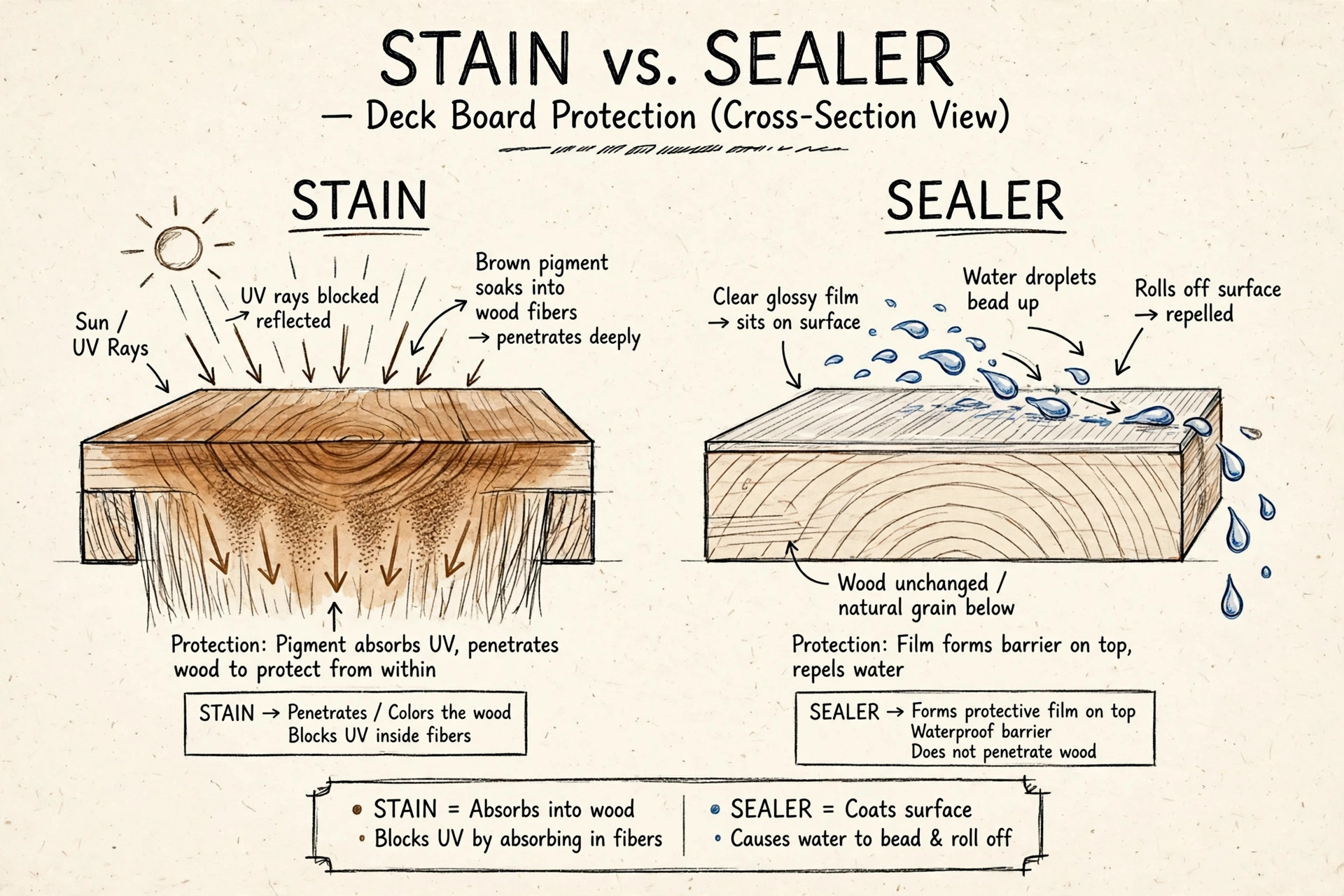 Hand-drawn cross-section diagram comparing how deck stain soaks into wood fibers to block UV rays versus how deck sealer forms a clear surface film that makes water bead up