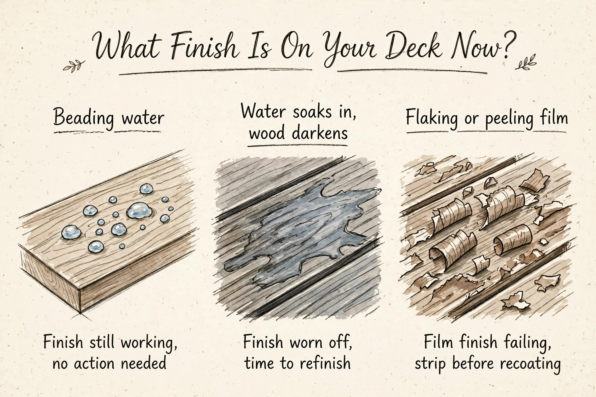 Hand-drawn diagram showing three deck board conditions: beading water means the finish still works, water soaking in means it is time to refinish, and flaking film means strip before recoating
