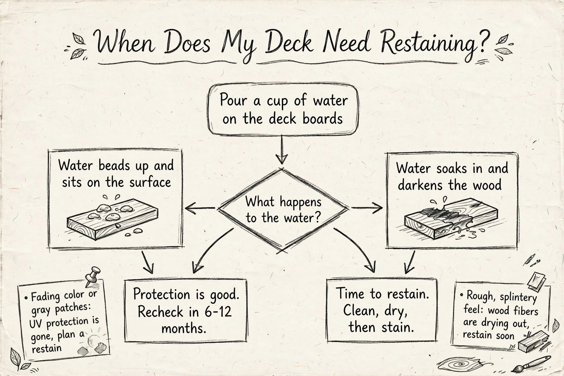 Hand-sketched flowchart showing the water test for deciding when a deck needs restaining