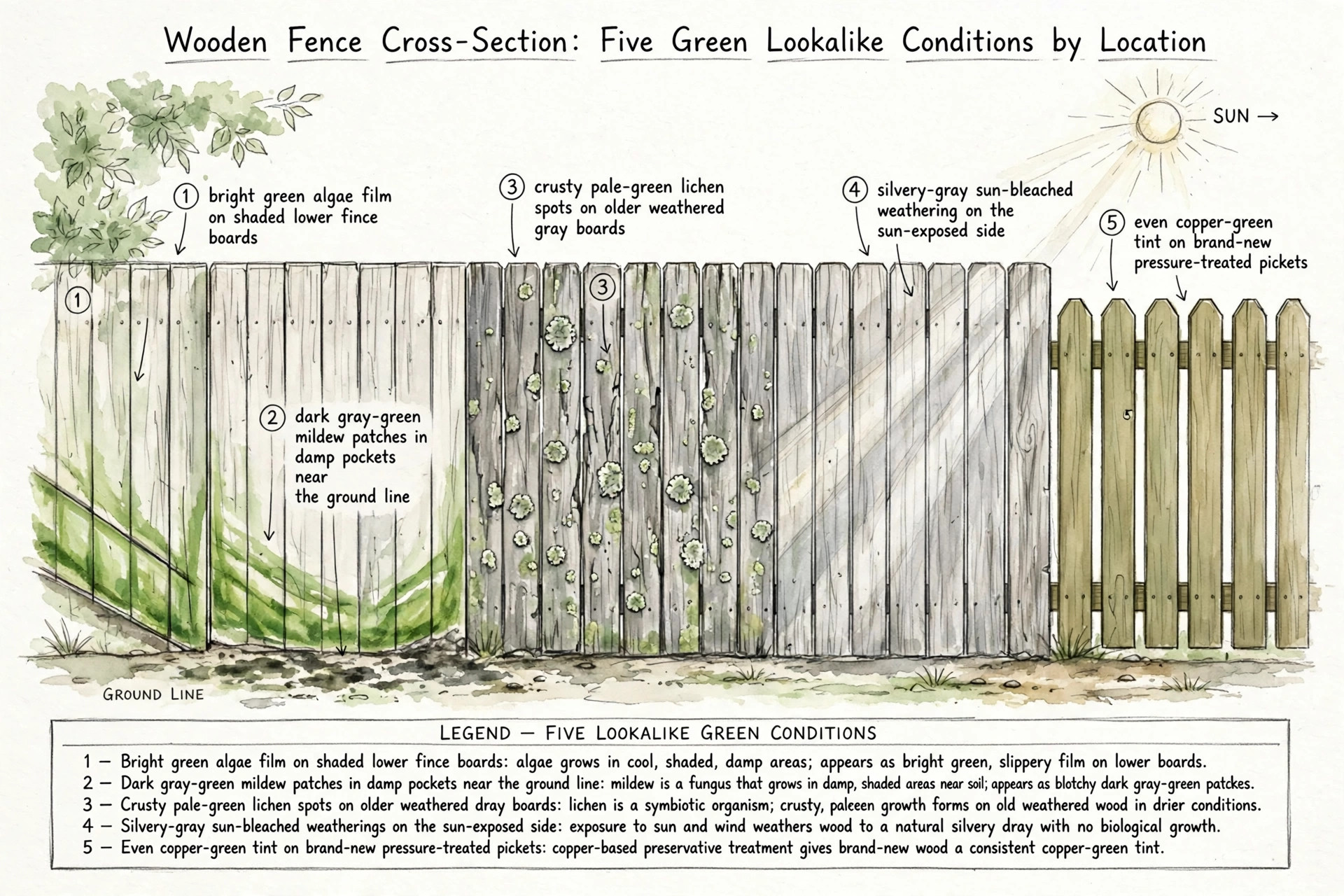 Hand-sketched symptom map of a wooden fence cross-section showing five green lookalike conditions by location: algae film on shaded lower boards, mildew patches near the ground line, lichen spots on weathered boards, gray sun-bleached boards on the sunny side, and copper-green tint on new treated pickets