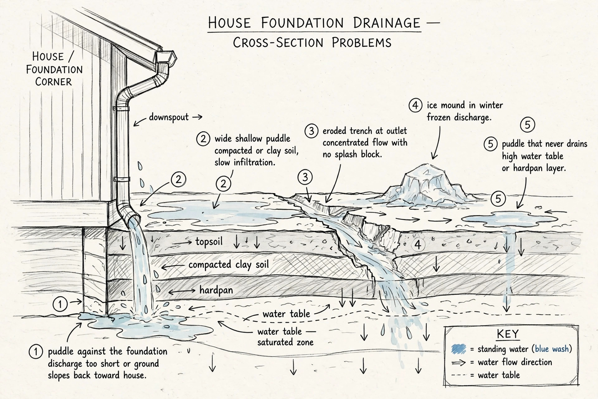 Hand-sketched diagram showing five downspout pooling patterns and their likely causes