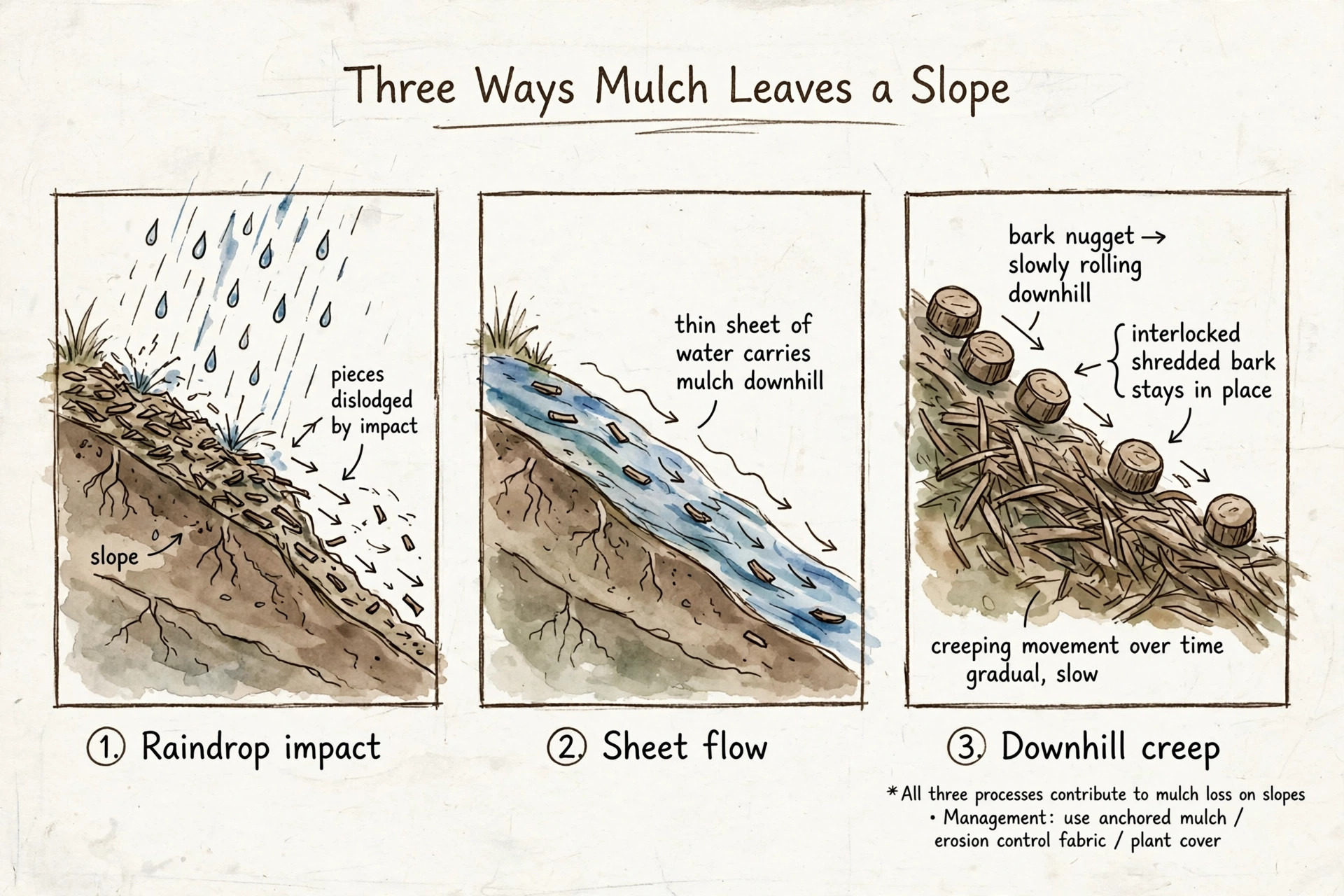 Hand-sketched diagram showing the three ways mulch leaves a slope: raindrop impact knocking pieces loose, sheet flow carrying mulch downhill, and slow downhill creep of round pieces.