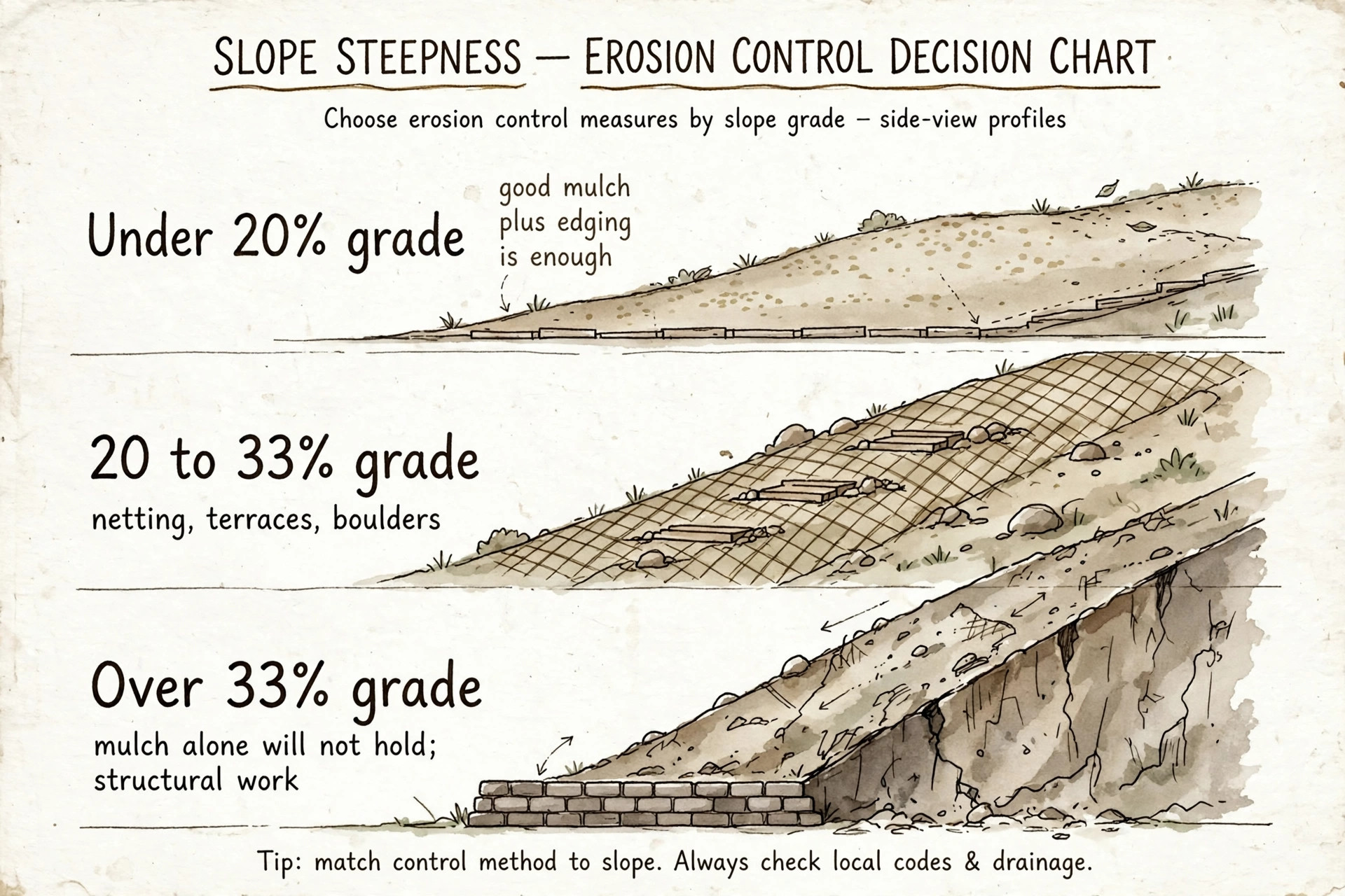 Hand-sketched decision diagram showing three slope grade bands: under 20 percent needs good mulch and edging, 20 to 33 percent needs netting and terraces, over 33 percent needs structural work.