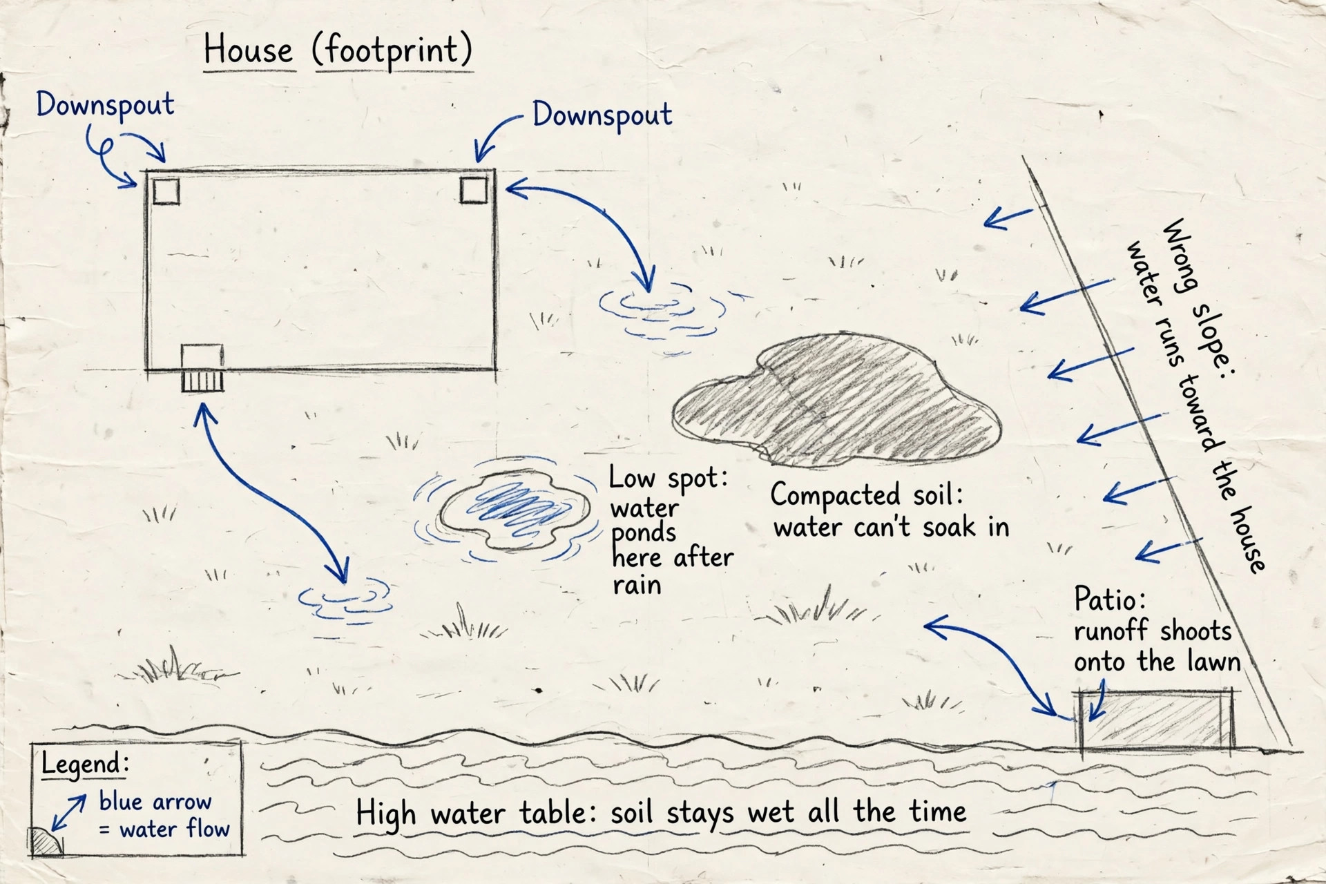 Hand-sketched top-down yard map showing the common causes of soggy ground: downspout discharge pooling on the lawn, a low spot that ponds after rain, a compacted soil patch, a slope running toward the house, patio runoff, and a high water table zone.