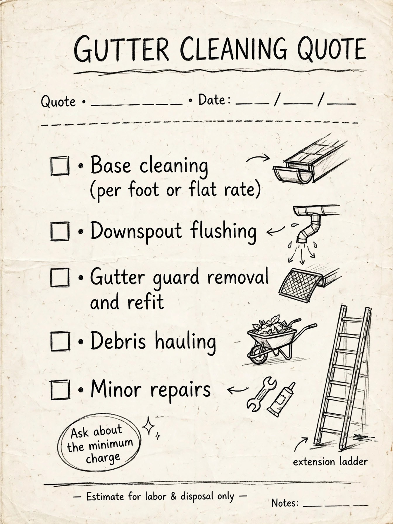 Hand-drawn sketch showing the line items a complete gutter cleaning quote should list: base cleaning, downspout flushing, gutter guard removal and refit, debris hauling, and minor repairs