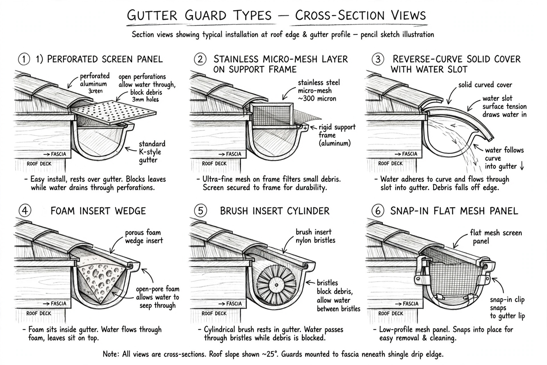 Hand-sketched cross-section diagram comparing six gutter guard types: perforated screen, micro-mesh, reverse-curve cover, foam insert, brush insert, and snap-in mesh