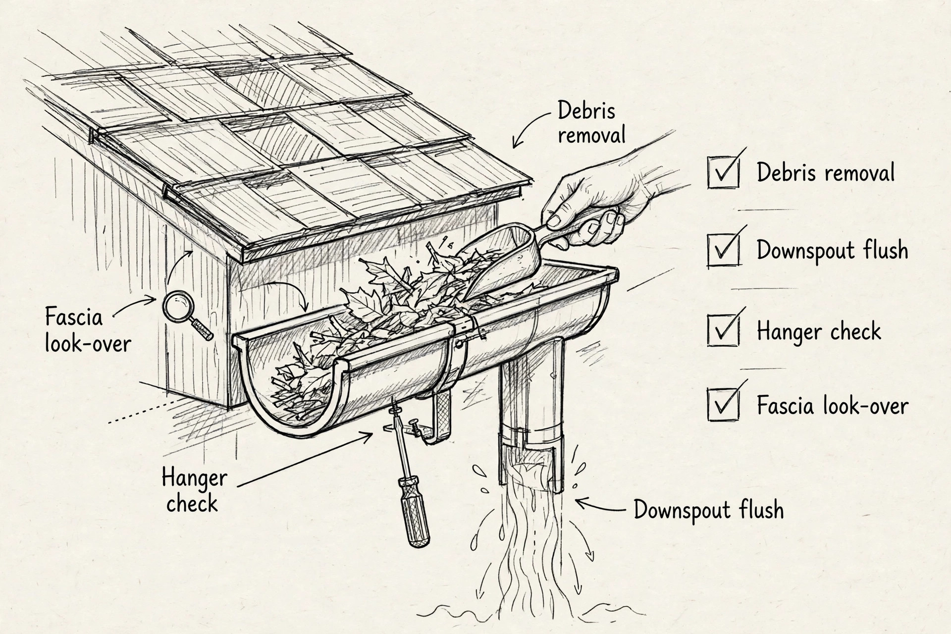 Hand-sketched diagram showing the four checks a full gutter cleaning visit should cover: debris removal, downspout flush, hanger check, and fascia look-over