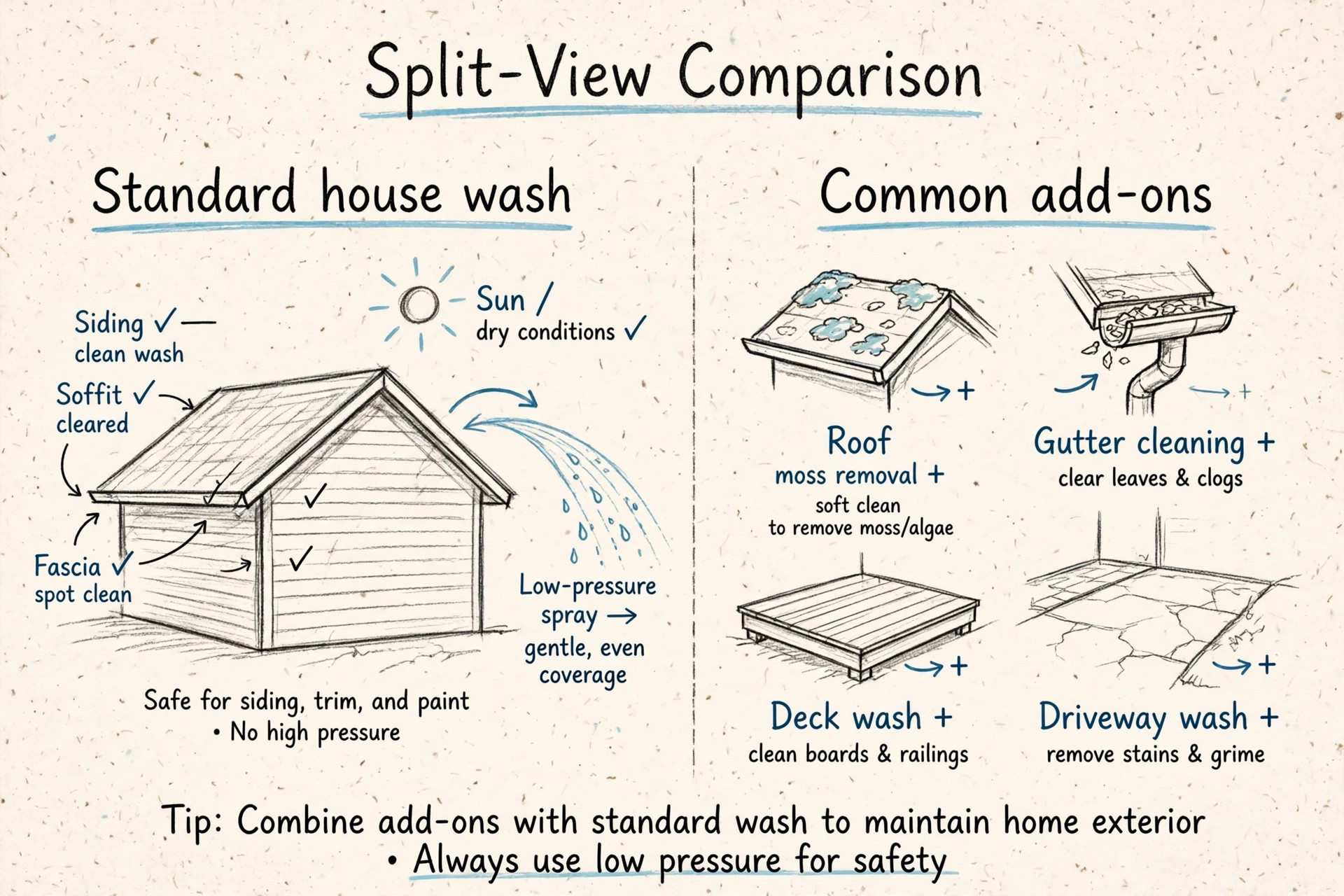 Hand-sketched split illustration showing a standard house wash covering siding, soffit, and fascia on the left, and common add-on services like roof wash, gutter cleaning, deck wash, and driveway wash on the right.