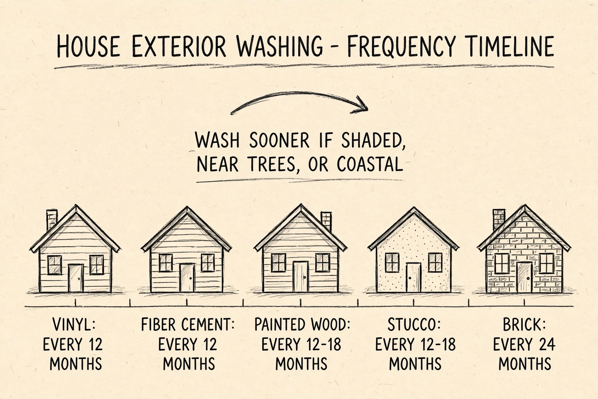 Hand-sketched timeline showing recommended house washing frequency by siding type, from vinyl every 12 months to brick every 24 months
