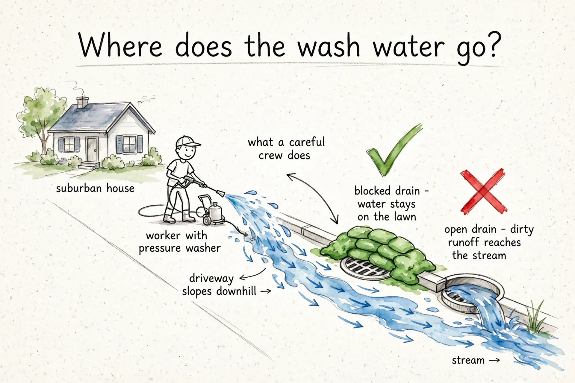 Hand-drawn diagram showing proper runoff control: a blocked storm drain keeps wash water on the lawn, while an open drain lets dirty runoff reach the stream.
