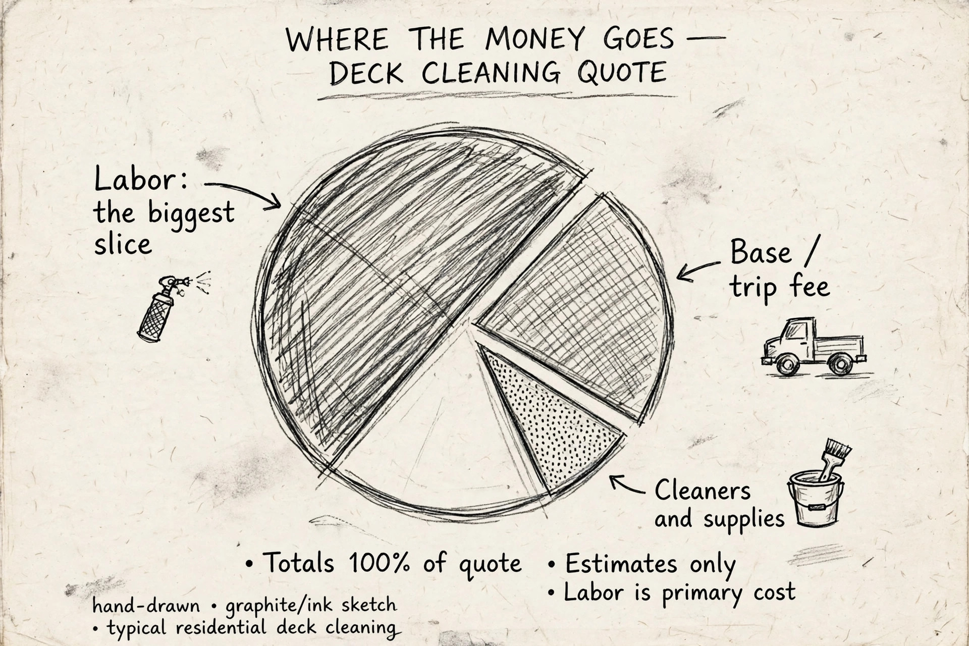 Hand-sketched pie chart showing where the money goes in a typical deck cleaning quote: labor is the biggest slice, followed by the base trip fee, then cleaners and supplies