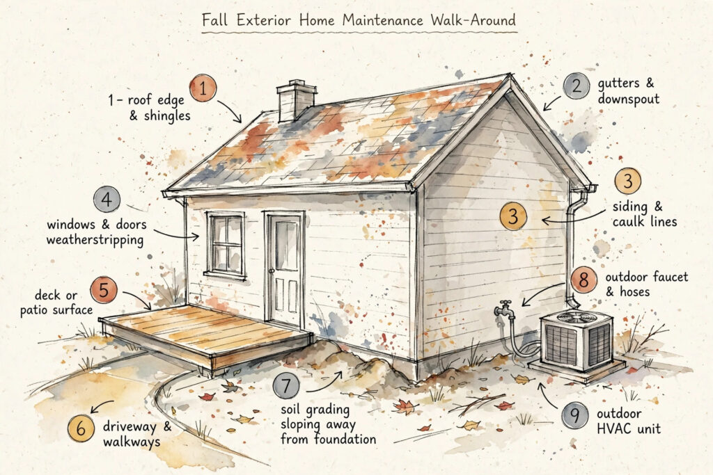 Hand-sketched diagram of a house showing the nine check points of a fall exterior maintenance walk-around: roof edge, gutters and downspout, siding and caulk lines, windows and doors, deck or patio, driveway and walkways, soil grading, outdoor faucet, and HVAC unit