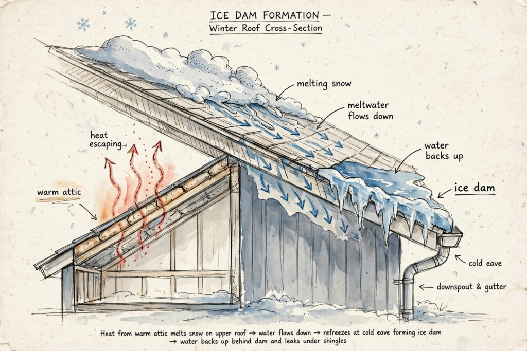 Hand-sketched cross-section showing heat escaping from a warm attic, melting roof snow that refreezes at the cold eave to form an ice dam, forcing water back under the shingles