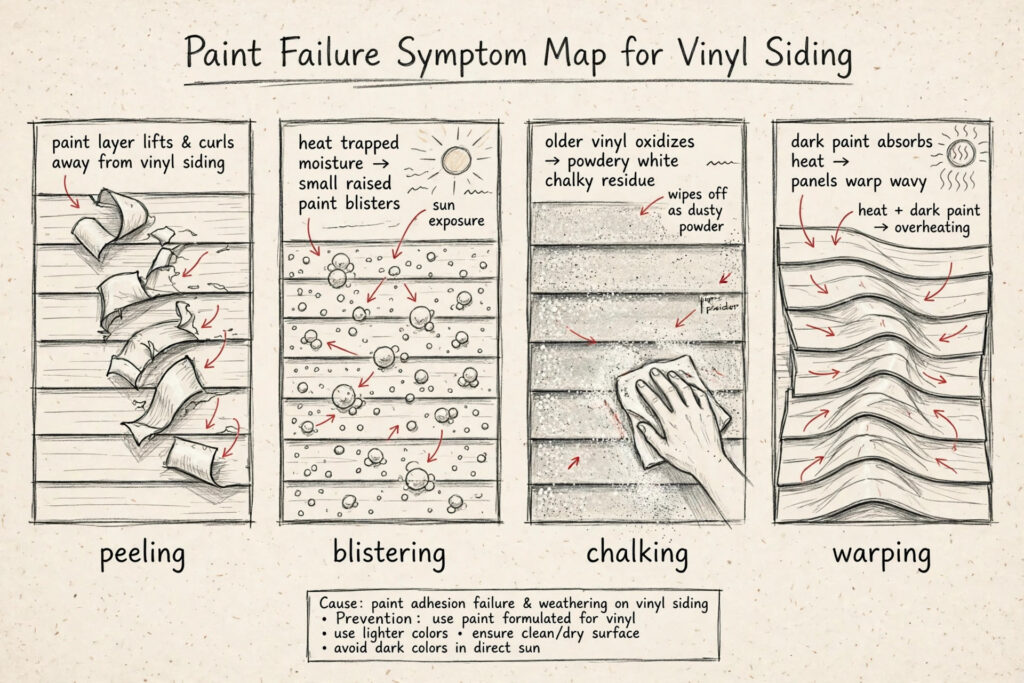 Hand-sketched diagram of four vinyl siding paint failure modes: peeling, blistering, chalking, and warping