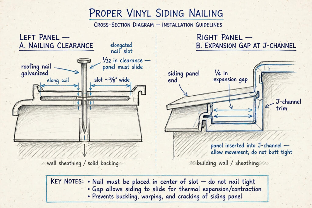 Hand-sketched diagram of proper vinyl siding nailing: nail centered in the slot with 1/32 inch clearance so the panel slides, and a 1/4 inch expansion gap where the panel end meets J-channel trim