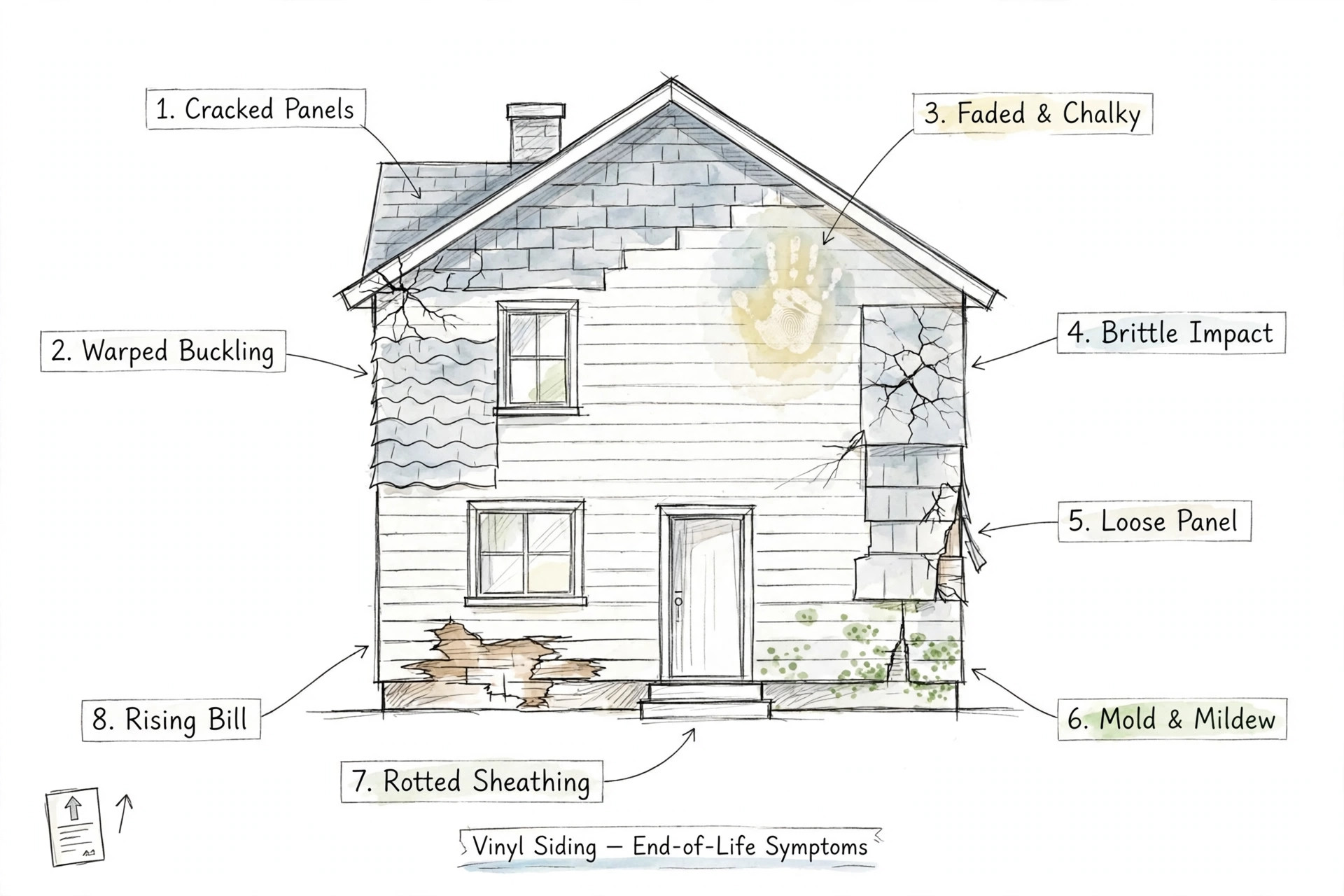 Hand-sketched diagram of a house marking eight end-of-life vinyl siding symptoms: cracked panels, warped buckling, faded chalky surface, brittle impact cracks, loose panel, mold and mildew, rotted sheathing, and rising energy bills