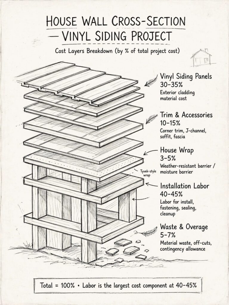 Hand-sketched diagram showing the cost anatomy of an installed vinyl siding project, with labor as the largest share