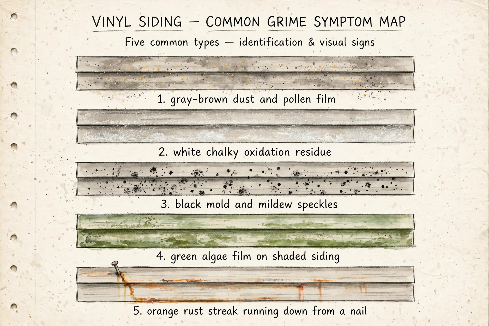 Hand-sketched symptom map of five common vinyl siding grime types: gray-brown dust and pollen film, white chalky oxidation residue, black mold and mildew speckles, green algae film on shaded siding, and an orange rust streak running down from a nail
