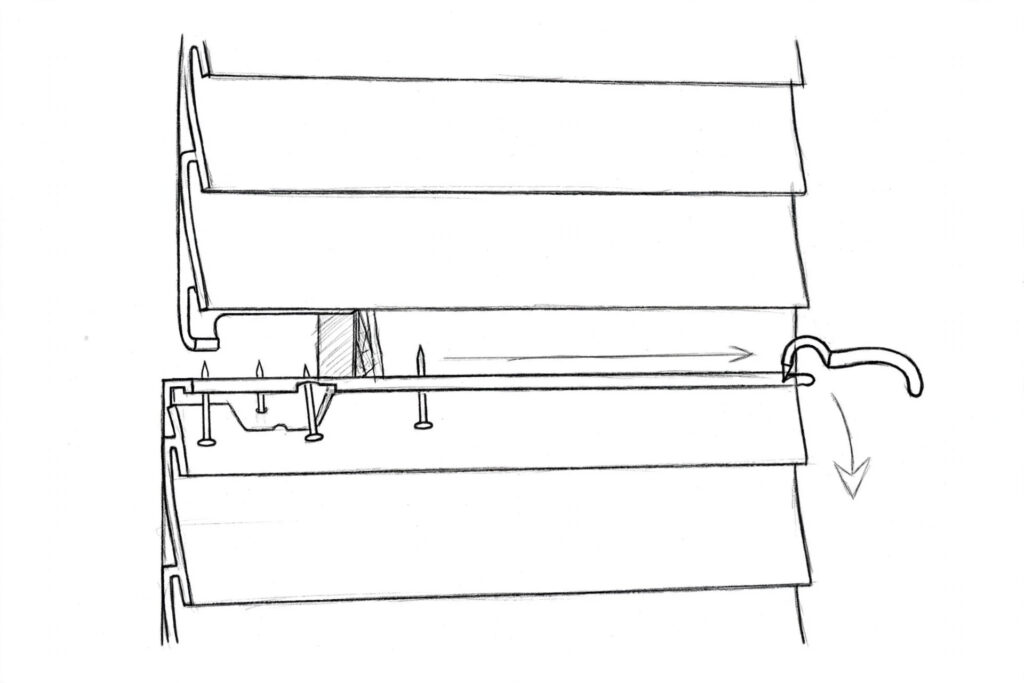 Hand-drawn diagram of a zip tool hook catching the lock between two vinyl siding panels, with arrows showing the pull-down and slide motion